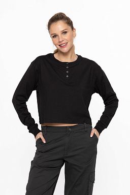 Organic Cotton Chic Crew Neck Henley Long Sleeve Top Black