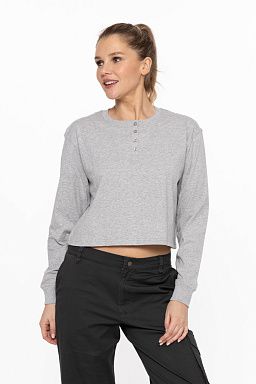 Organic Cotton Chic Crew Neck Henley Long Sleeve Top Heather grey