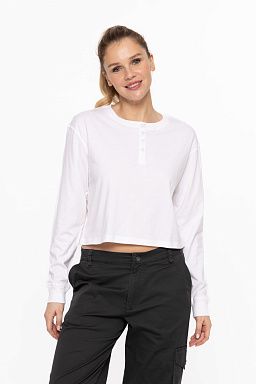 Organic Cotton Chic Crew Neck Henley Long Sleeve Top White